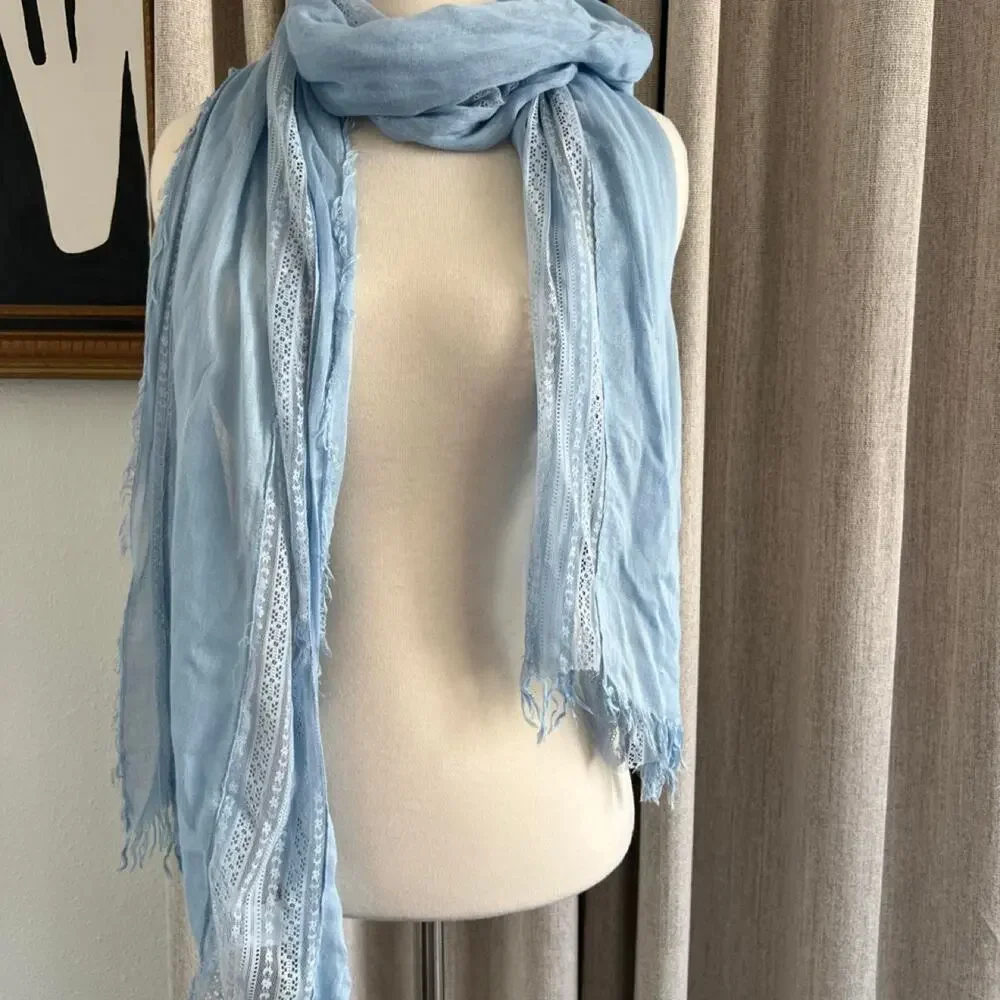 Maurices Light Blue Scarf Lace Panel Fringe Hem Lightweight Rayon NWT Women's OS